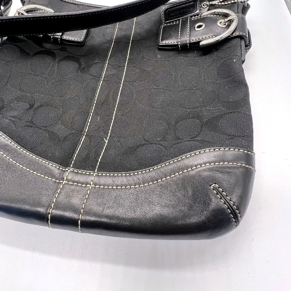 Coach Signature Jacquard Black Fabric‎ With Leather Shoulder Bag Hobo J05M-3577